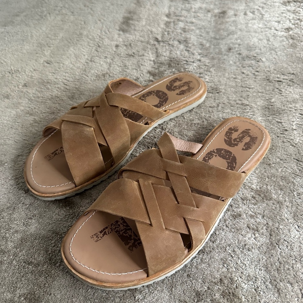 Sorel Tan Leather Crisscross Sandals